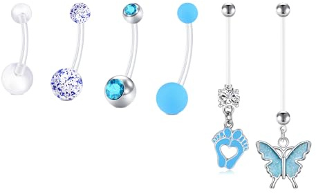 AVYRING 6 Pezzi Barre per Piercing Ombelico Gravidanza 14G in Acciaio Chirurgico e Plastica Flessibile, con Farfalla in Cristallo CZ Blu, Lunghezze Regolabili 12mm-38mm, per Donne in Gravidanza