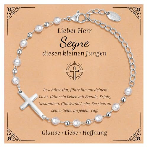 FLHEART Kommunion Geschenke für Jungen Kreuz Armband - Perle Armbänder mit Kreuz für Kinder, Silber Kinderarmband für Tauf Firmung Geburt Taufgeschenk Erstkommunion Konfirmation Geschenke für Jungen