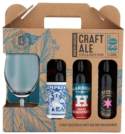 Brew House Craft Ale Collection. Including 3x 330ml bottles of Craft Ales with a Chalice Glass. Powder Monkey, Harbour Brewing, Freedom Brewing. Perfect for Christmas and Birthdays by Blue Tree Gifts