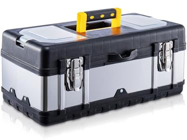CROWNSHOP Tool Box ToolBox StorageHeavy Duty Stainless Steel Portable Toolbox with Metal Dual Latch Removable Tray Storage Case with Tray and Latch for Small Parts for Tools (19 Inch)