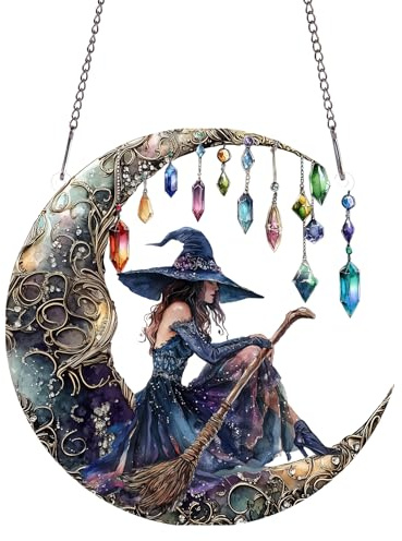 PLIGREAT Atrapasoles de Acrílico de Bruja Lunar para Ventana y Pared, Arte Colgante Pintado y Colorido, Artesanías, Atrapasoles para Jardín, Hogar, Interior y Exterior, Decoración Colgante, Regalo
