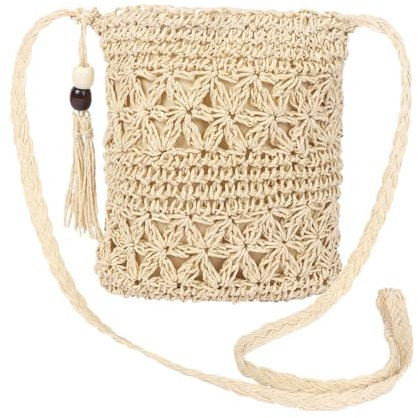 Moorle Strohtasche Damen, Strohtaschen Damen Boho Stil, Stroh Umhängetasche mit Quaste, Stroh Handtasche Crossbody Tasche für Sommer Urlaub Strand Reisen