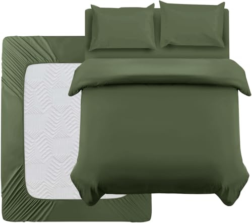 Oxford Homeware Double Duvet Set Olive Green Brushed Microfiber 4 Piece Double Bedding Set with Fitted Sheet and Pillowcases Soft Breathable Duvet Cover Sets