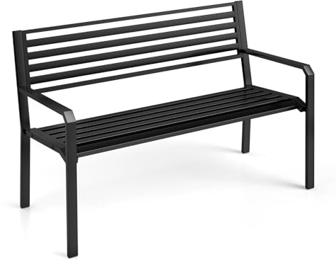 KOMFOTTEU 2 Sitzer Gartenbank, Parkbank mit Rückenlehne & Armlehnen, Sitzbank aus Metall bis 300 kg belastbar, Außenbank für Balkon Garten Terrasse, Schwarz (Modell 3, 127x56x82cm)