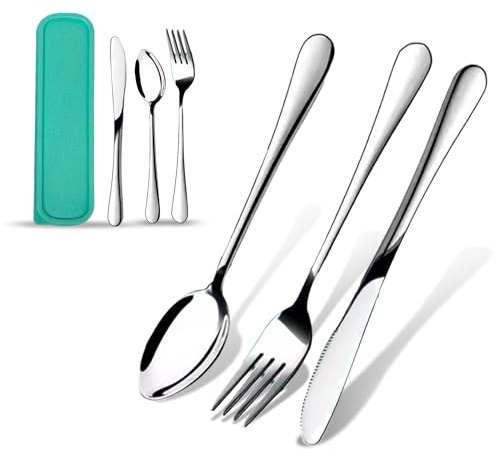 Set de Couverts Réutilisables en Acier Inoxydable avec Étui de Transport – Fourchette, Couteau & Cuillère – Léger, Durable, Écologique – Ideal pour Pique-Niques, Randonnées et Repas Nomades (Vert)