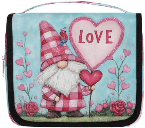 Mexpekil Trousse de toilette étanche à suspendre avec crochet Motif nain de rose et cœur