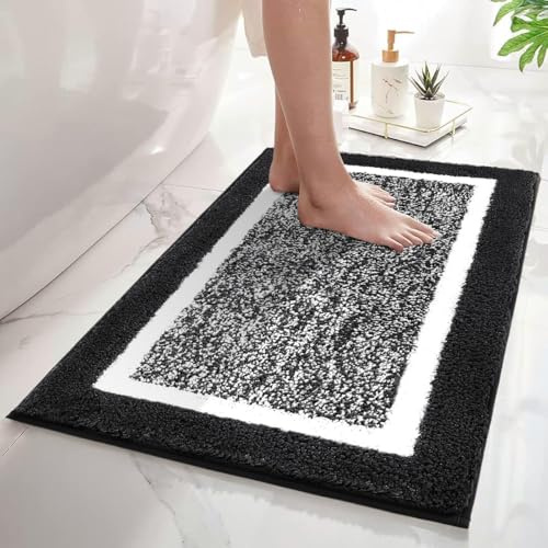 SHACOS Badteppich rutschfeste Badematte Weicher Badezimmerteppich Wasserabsorbierend Duschmatte Maschinenwaschbar Badvorleger für Dusche,Badewanne und Toilette, Schwarz, 60 x 90 cm