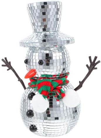 GARVALON Snowman Disco Ball Figurine Knitted Scarf Mirror Disco Ball Reflective Ornament for Indoor Christmas Decor Winter Snowman Decor