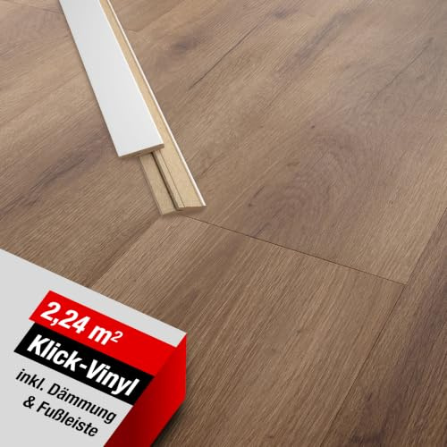 LaminatDEPOT Klick Vinylboden mit Trittschalldämmung & Sockelleiste [2,24 m²] - wasserfester Vinyl Bodenbelag mit Klicksystem - 8 extrabreite Dielen in Holzoptik Eiche [Vancouver Coffee]