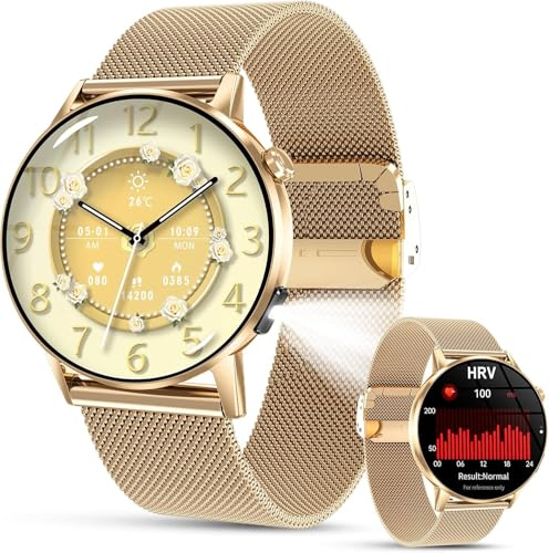 Lgnitek Smartwatch Damen mit HRV/ΒΙυtｚυcker/ΒΙυtdruckmessung, 1.32 AMOLED Gesundheitsuhr mit LED-Taschenlampe, Menstruationszyklus Schlafmonitor Schrittzähler KI-Smartwatch Rund für iOS Android