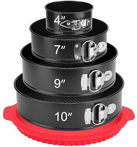isheTao Springform Pan Set of 4, 4/7/9/10inch Cake Pans with Leakproof Silicone Protector, Non-Stick Leak-Proof with Removable Bottom, Cheesecake Pan for Baking, Black