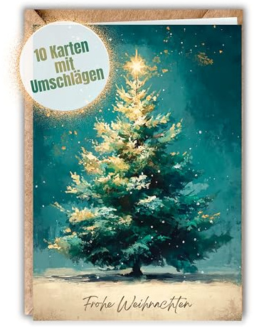 HIDEBLOOM Weihnachtskarten mit Umschlag Set Weihnachtsbaum - 10 Stück - DIN A6 (10,5 cm x 14,8 cm) - Weihnachtskarten Set - Klappkarte mit Umschlägen Tannenbaum grün
