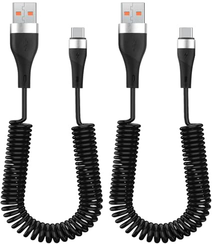 2Pack Coiled USB C Cable 120W Fast Charging 6A, Retractable Type C to USB A Spiral Data Cable 2M, High Elastic Short to Long Extension Cord for Car Charger, Android Auto, Suitable for Smartphones Tabl
