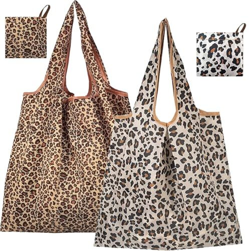 ZenyTra Lot de 2 sacs de courses pliables pour femme 40 x 56 cm - Motif léopard foncé et grand design léopard - Sac de courses pliable et sac à dos alternative - Pour le travail, le shopping, l'école