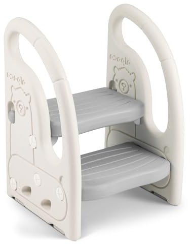 Growaystory Tritthocker für Kinder, Höhenverstellbar Hocker Kinder mit Handläufen, Multifunktion, Anti-Rutsch, für Bad und Küche, Trittleiter für Kleinkinder (Grau)
