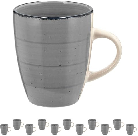 Set di 12 tazze da caffè, grigio chiaro, 360 ml, 9 x 11 cm, in gres porcellanato, con manico, tè, caffè, vin brulé, tazza in ceramica per bevande calde (1 set da 12 bicchieri grigi)