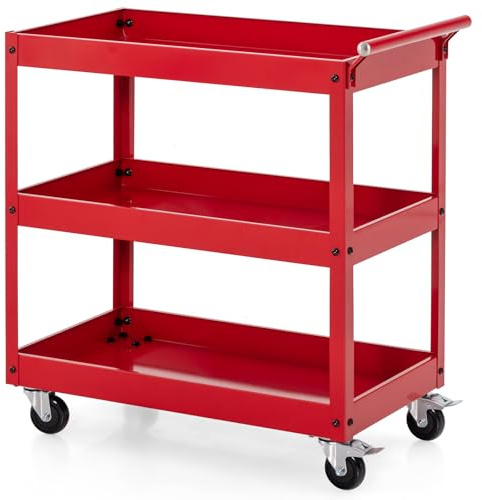 GYMAX Chariot à Outils 3 Niveaux, Chariot de Service en Métal avec 4 Roues Universelles et 2 Freins, Charge 120 KG, Organisateur de Rangement Mobile, pour Atelier, Cuisine, Entrepôt, Garage (Rouge)