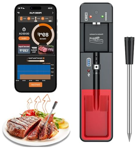 Termometro da cucina wireless Bluetooth - Termometro per carne wireless a lungo raggio, controllato da app e avvisi automatici per grigliare, arrostire e friggitrice domestica