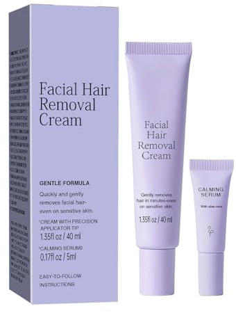 Gentle Facial Hair Removal Cream & Calming Serum Kit, Painless Depilatory for Women with Sensitive Skin, Delicate Formula for Smooth Skin