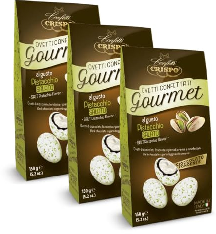 3X Crispo Ovetti Confettati Gourmet Cioccolato Fondente al Gusto Pistacchio Salato 150g