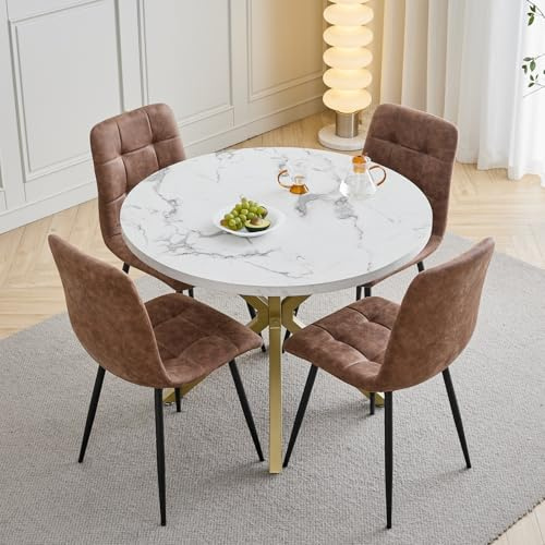 HJhomeheart Esstisch- und Stuhlset, 4 Technisches Leder mit Hoher Rückenlehne und EIN 100 cm Langer Moderner Esstisch, Geeignet für Küchen, Esszimmer und Wohnzimmer-Goldene Tischbeine + Hellbraun