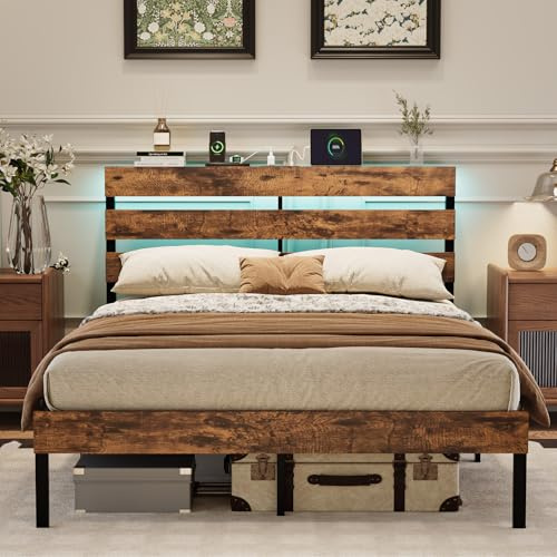 Bonnlo Bettrahmen Holz Metallbett 160x200cm mit Beleuchtung, Bett mit Ladefunktion, Kinderbett, Jugendbett und Gästebett, Bettgestell aus Metall mit Lattenrost, Braun