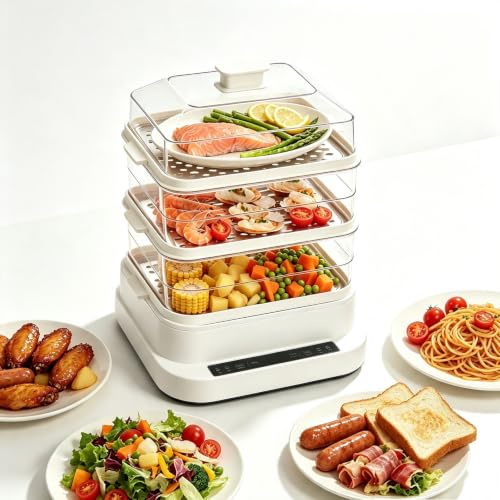 Vaporera eléctrica de 3 niveles, capacidad de 32 litros, vaporera de alimentos con temporizador digital de 800 W