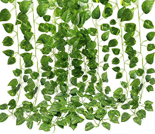 Guirlande Gofriend de 12 mèches (25 m) en lierre artificiel et feuillage vert, fausse vigne à suspendre pour fête de mariage, jardin ou décoration murale