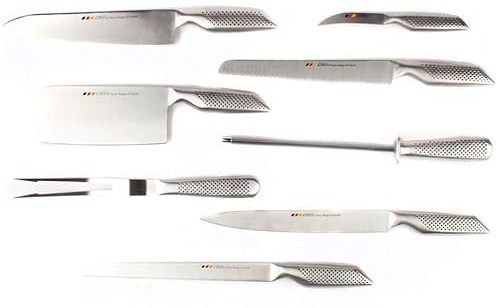 FranquiHOgar Set de cuchillos de cocina y Funda Rollo Organizador | Macheta, cocinero, fileteador, jamonero, pelador, trinchador, sierra, chaira Acero inoxidable Holstein