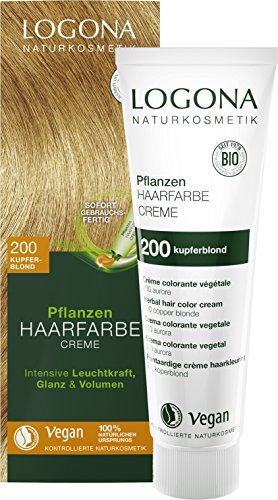 LOGONA Naturkosmetik Pflanzen-Haarfarbe Creme 200 Kupferblond, Blonde Natur Haarfarbe mit Henna, vegane Farbcreme für eine dauerhafte Coloration, schonende Färbung für glänzendes Haar, 150ml