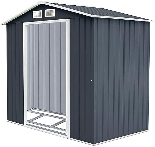 COSTWAY Casetta da Giardino 2,37㎡, Capanno da Esterno in Lamiera Zincata Resistente alle Intemperie con Base, Porte Scorrevoli, Maniglie, Sfoghi e Tettoia, 213 x 127 x 185 cm (Grigio Scuro)