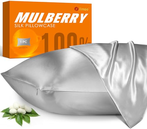 100% Mulberry Silk Pillowcase for Hair and Skin, 22 Momme Pure Natural Silk Pillow Case Both Sided with Zipper, Pillow Cover for Women Mom Men(Silver Grey, Queen 20''×30'', 1 Pack)