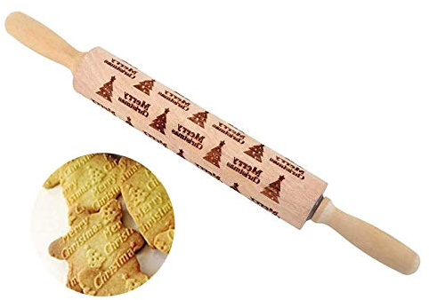 Pejoye Noël Rouleau à Pâtisserie Gravé Bois Sculpté en Relief Wapiti Outil de Cuisine Flocon de Neige Bricolage Biscuits Gaufrage à Motifs Rouleau Fondant Gâteau Pâte Biscuit (Arbre de noel)