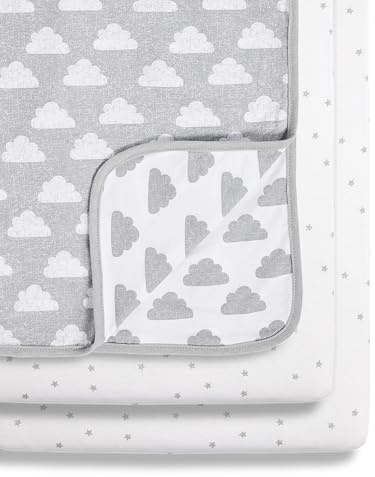 Snüz 3Teiliges Baby Bettwäsche Set „Cloud Nine“, 100% Jersey-Baumwolle, Set aus 2 Spannbettlaken und 1 Babydecke, Farbe: Grau und Weiß