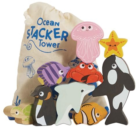 Le Toy Van Lernspiel Meerestiere stapeln, für Kinder ab 18 Monaten, Balance-Aktivität, 9 Tiere und Tasche, aus FSC-Holz, ökologisches Spiel, plastikfrei, Petilou