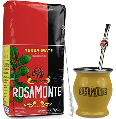 Yerba Mate Rosamonte Tradicional Juego de té mate de 1 kg de acero inoxidable – Taza de mate amarilla – Calabaza | Pajita de té mate - Bombilla | Cepillo de limpieza