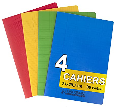 Conquérant 4 Cahiers Agrafés A4 21x29,7cm Grands Carreaux Seyès 96 Pages 90g Coloris Assortis