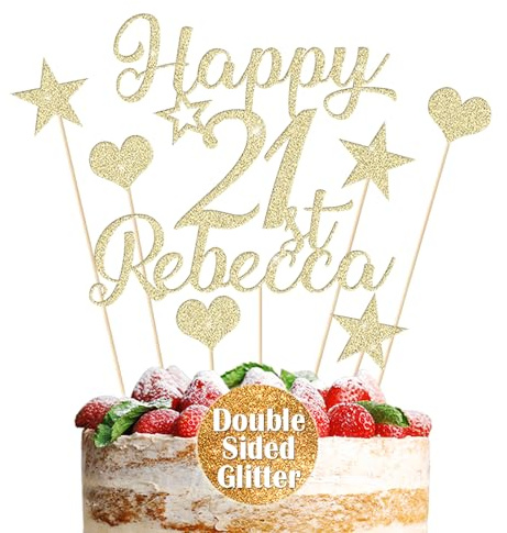 Personalised Cake Topper Custom Multicoloured Non-Shed Double Sided Glitter Cake Decoration Happy Birthday Cake Topper with Any Name Any Age 13th 21st 30th 50th (Champagne Gold)
