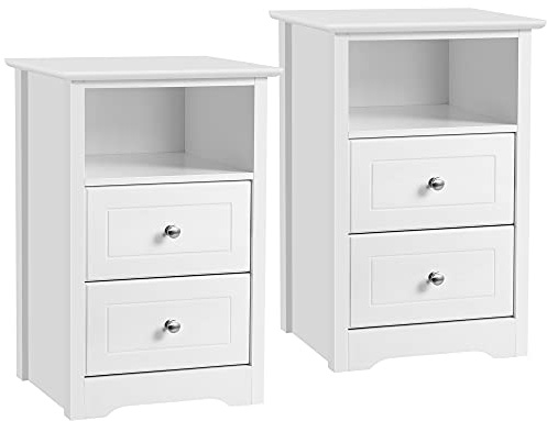Yaheetech Mesitas de Noche con 2 Cajones 40x35x60cm Mesillas de Noche Vintage para Dormitorio Mesita de Madera Lacada para Cama Blanco