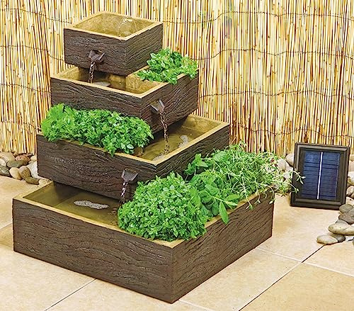 Primrose 42cm Solar Powered Wood Effect 4 Tier Cascading Outdoor Water Feature & Herb Planter