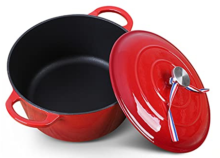 SHALOLY Casseruola con Coperchio Brasiera in Ghisa Smaltata, Rotonda Antiaderente, Forno e Pentola Profonda Sicura per Induzione Ideale per la Cucina Classica,Red-26cm (Red 26cm)