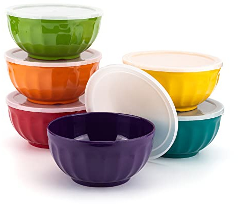 KOXIN-KARLU 6-inch Melamine Fluted Bowls with Lids, 28-ounce Bowls for Snack and Cereal or Salad, set of 6 Multicolor