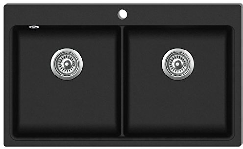 Lavandino Cucina Doppio in Granito Nero, Profondo con Montaggio da Incasso, 860 x 510 mm, 80% Quarzo e 20% Resina, Lavabo per Cucina Moderna