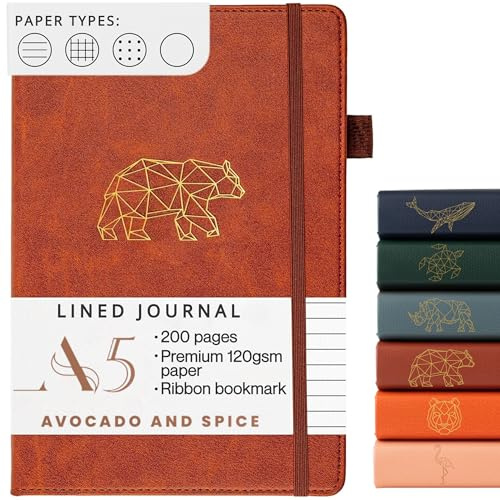 Notebook A5 Lined by Avocado and Spice® - Hardback A5 Journal Notebook - Faux Leather Notepad - Bookmark, Elastic Strap, Pen Holder, 200 Thick Pages (Brown, Lined)
