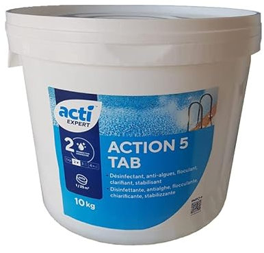 AcquaHOME® ACTI CLORO MULTIAZIONE 5 IN 1 - PASTIGLIE DA 250 GR - FUSTO DA 10 KG - ACTION 5 TAB PER IL MANTENIMENTO DELLA PISCINA - A LENTA DISSOLUZIONE