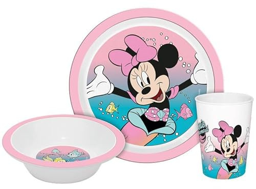 Set di stoviglie per la cena con personaggi dei cartoni animati, 3 piatti, ciotole e tazze, set di plastica riutilizzabile senza BPA, con confezione regalo (Minnie)