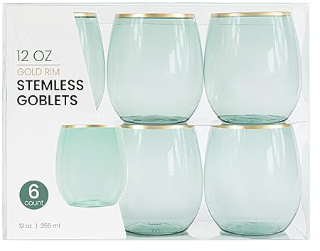 PLASTICPRO 6 Pack Green with Gold Rim Plastic Wine Glasses Stemless Disposable 12 oz BPA Free Shatterproof Plastic Wine Cups Wine Glasses for Parties