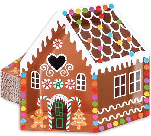 Whaline 25Pcs Christmas Paper Plates Gingerbread House Shaped Dinner Plates Colorful Xmas Disposable Plate for Winter Holiday Party Supplies Table Decor, 10.2 x 10.2 in