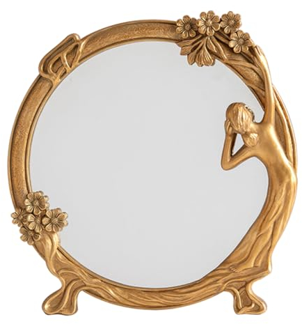 FRCOLOR Vintage Kosmetikspiegel Tischspiegel Zarter Spiegel Kommodenspiegel Schminkspiegel Filigranes Ornament Relief Design Goldene Struktur Hochwertige Verarbeitung Klare Spiegeloberfläc