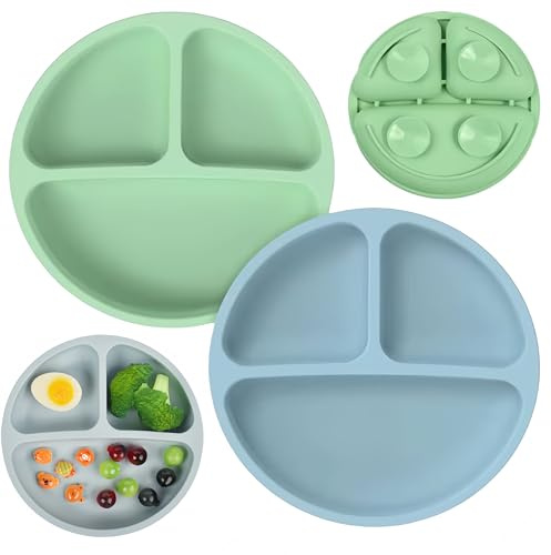 Lot de 2 assiettes à ventouse en silicone pour bébé - Pour nourriture, enfant - Antidérapantes - Convient pour les chaises hautes, les plateaux et les tables - Antidérapantes (bleu + vert)